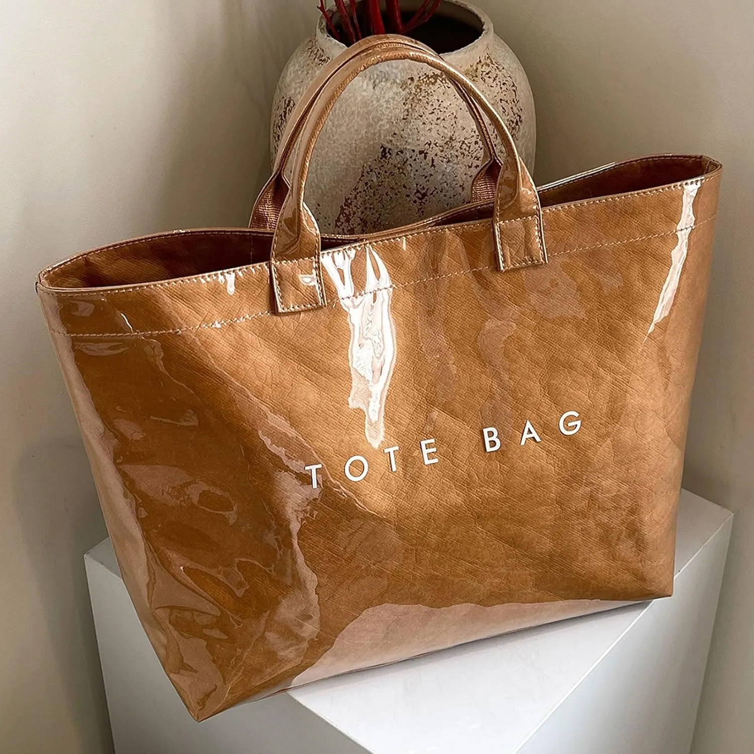 Handbag for Women Large Kraft Paper Letters Print Tote Bag Carry All Bag Top Handle Clear Hobo PVC Women's Tote Bag