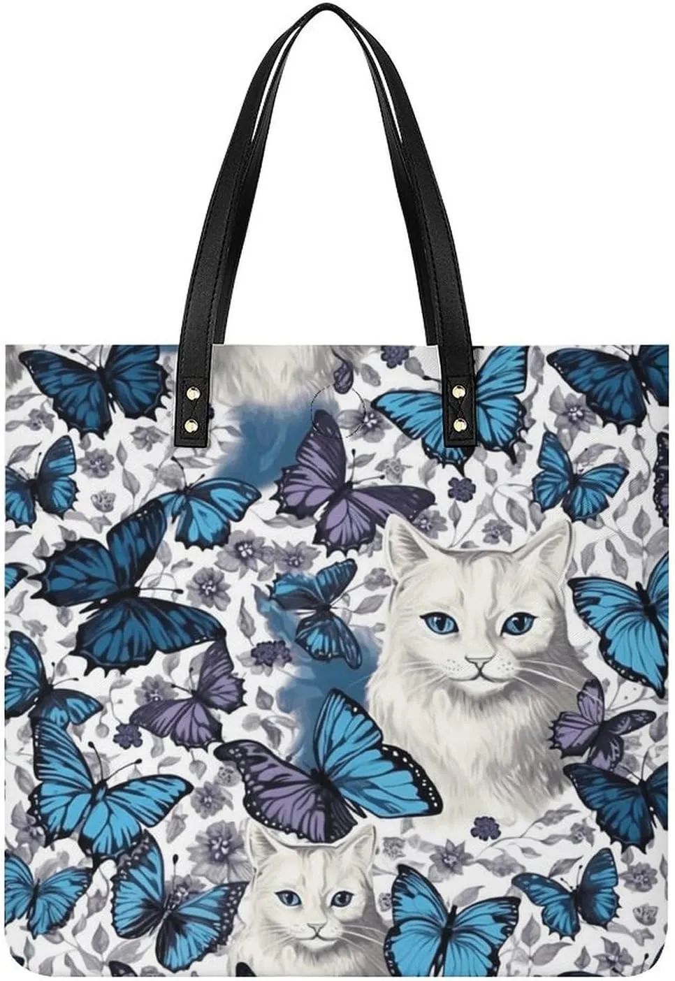 Handbags for WomenBlue Butterfly And White CatTrendy Vegan Leather Hobo Handbags,Women's Soft Bucket Bag For Women - Ladies Handbags For Work, Travel, Casual Use,Birthday Gifts