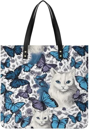 Handbags for WomenBlue Butterfly And White CatTrendy Vegan Leather Hobo Handbags,Women's Soft Bucket Bag For Women - Ladies Handbags For Work, Travel, Casual Use,Birthday Gifts