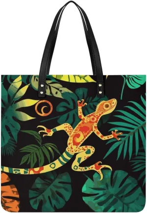 Handbags for WomenGecko And Tropical LeavesTrendy Vegan Leather Hobo Handbags,Women's Soft Bucket Bag For Women - Ladies Handbags For Work, Travel, Casual Use,Birthday Gifts
