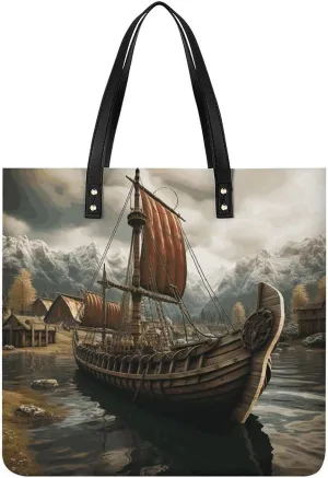 Handbags for WomenOld Viking BoatTrendy Vegan Leather Hobo Handbags,Women's Soft Bucket Bag For Women - Ladies Handbags For Work, Travel, Casual Use,Birthday Gifts