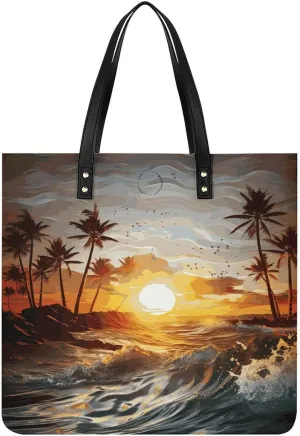 Handbags for WomenPalm Trees Ocean Waves SunsetTrendy Vegan Leather Hobo Handbags,Women's Soft Bucket Bag For Women - Ladies Handbags For Work, Travel, Casual Use,Birthday Gifts