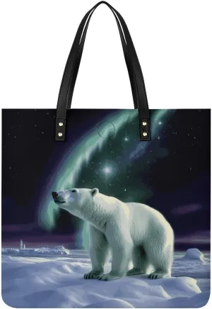 Handbags for WomenPolar Bears Northern LightsTrendy Vegan Leather Hobo Handbags,Women's Soft Bucket Bag For Women - Ladies Handbags For Work, Travel, Casual Use,Birthday Gifts