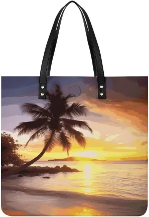 Handbags for WomenSunrise Tropical Palm Tree IslandTrendy Vegan Leather Hobo Handbags,Women's Soft Bucket Bag For Women - Ladies Handbags For Work, Travel, Casual Use,Birthday Gifts