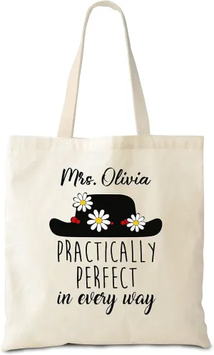 Hyturtle Personalized Practically Perfect In Every Way Canvas Tote Bags, Shopping Gifts For Women Teachers On Teacher's Day