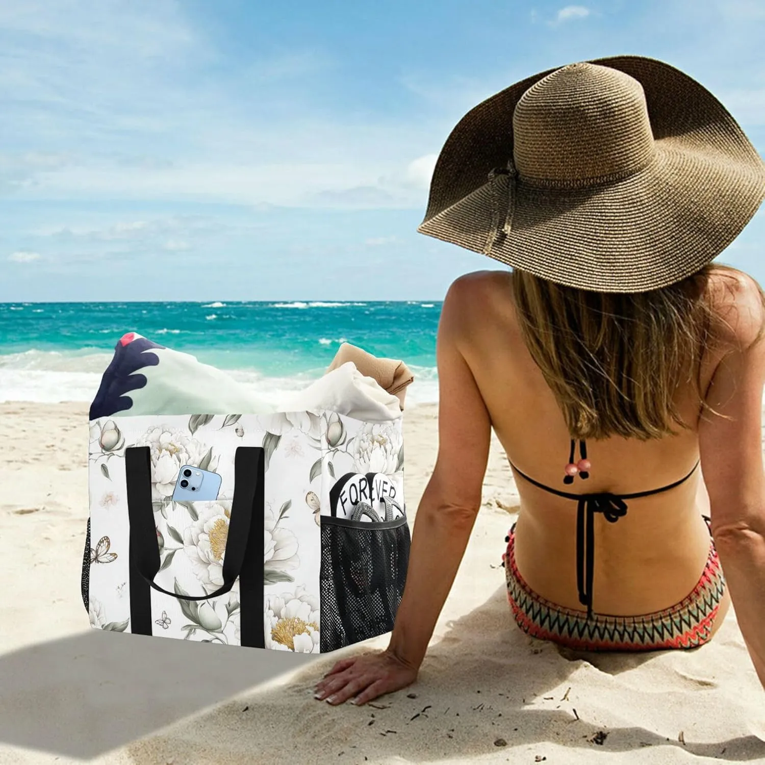KLL Beach Totes Bags Canvas Collapsable With Pockets Laundry Bag Travel