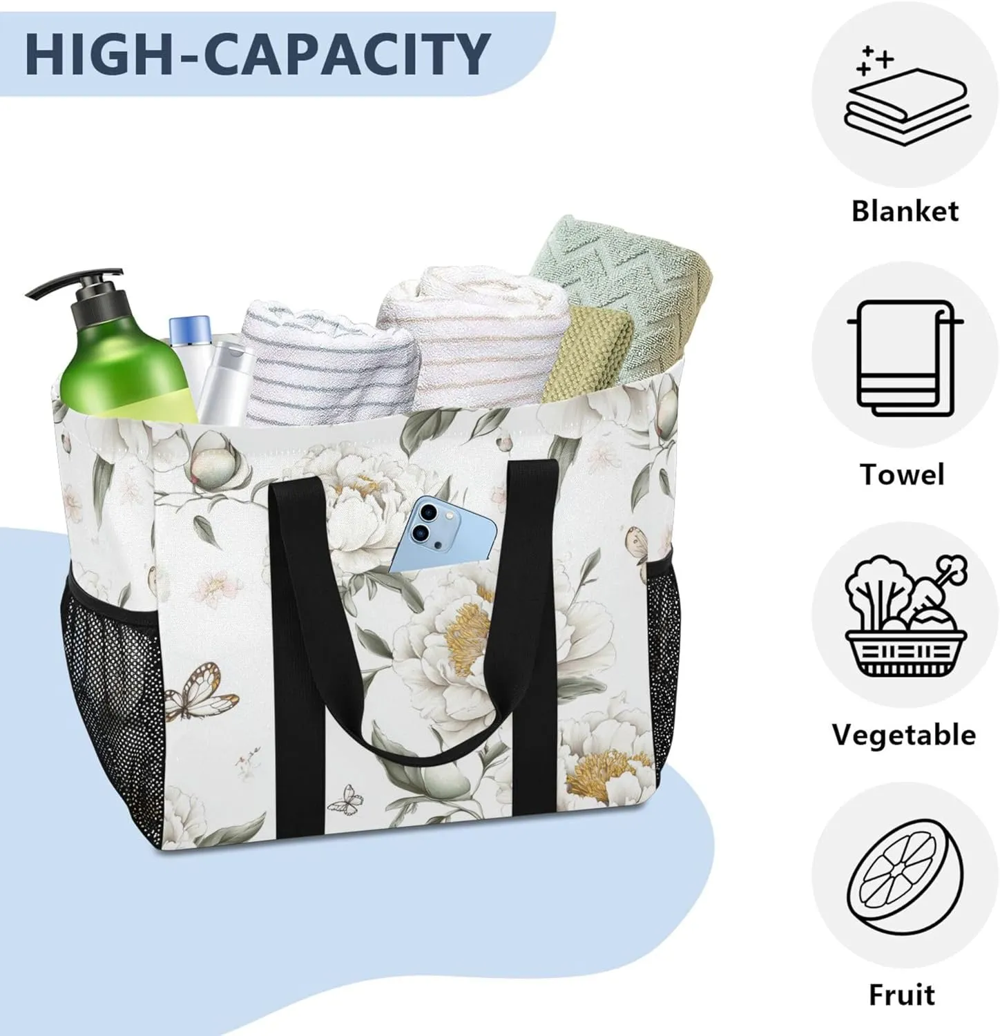 KLL Beach Totes Bags Canvas Collapsable With Pockets Laundry Bag Travel