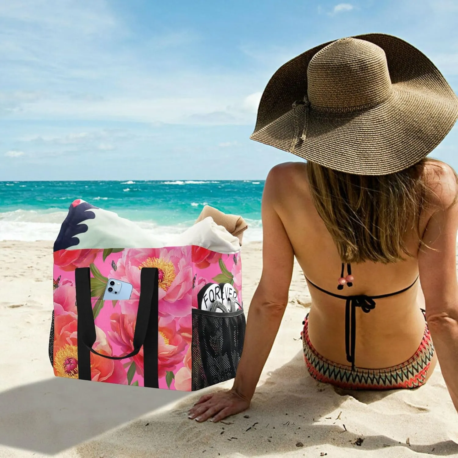 KLL Beach Totes Bags Canvas Collapsable With Pockets Laundry Bag Travel