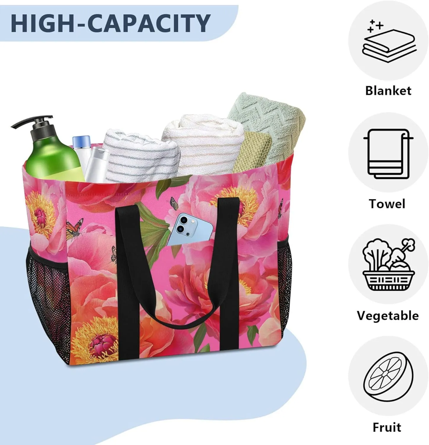 KLL Beach Totes Bags Canvas Collapsable With Pockets Laundry Bag Travel