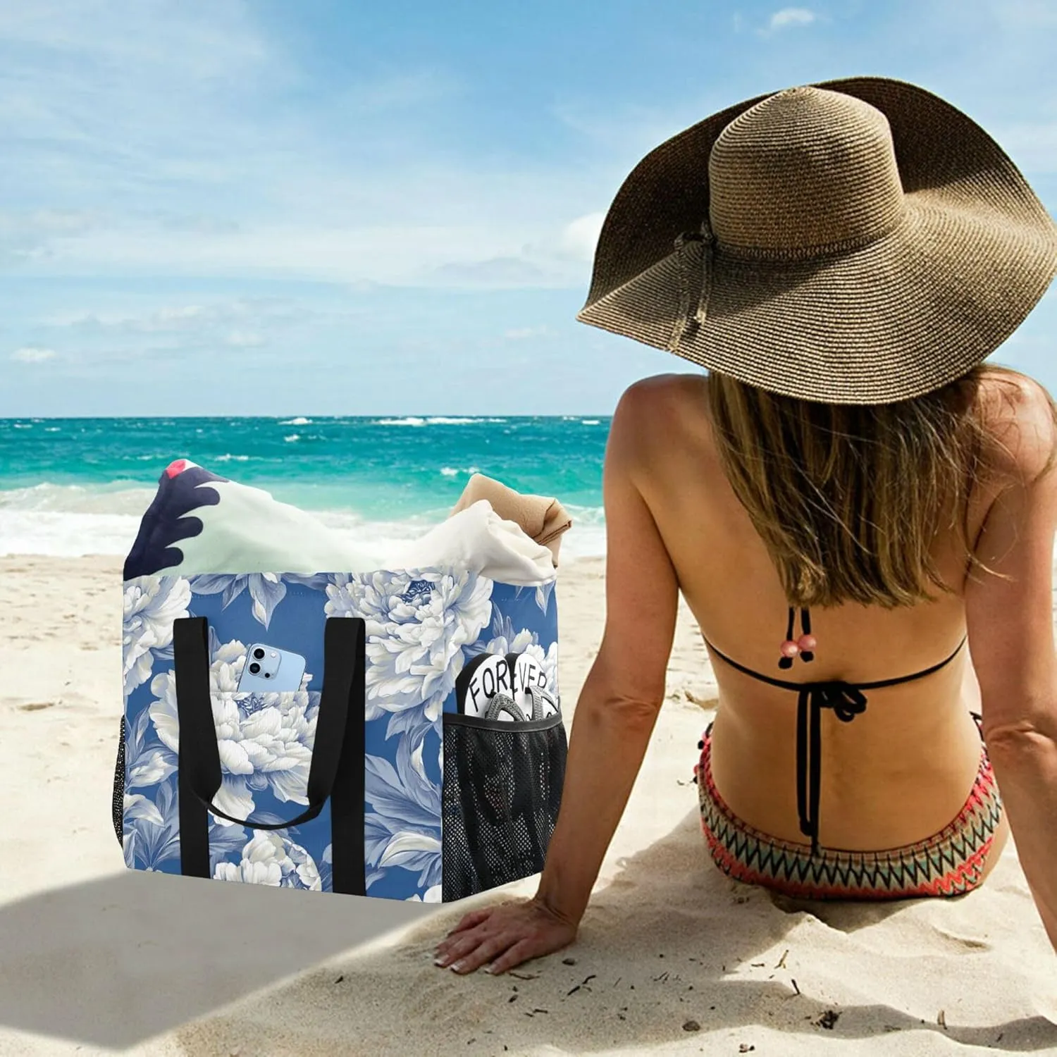 KLL Beach Totes Bags Canvas Collapsable With Pockets Laundry Bag Travel