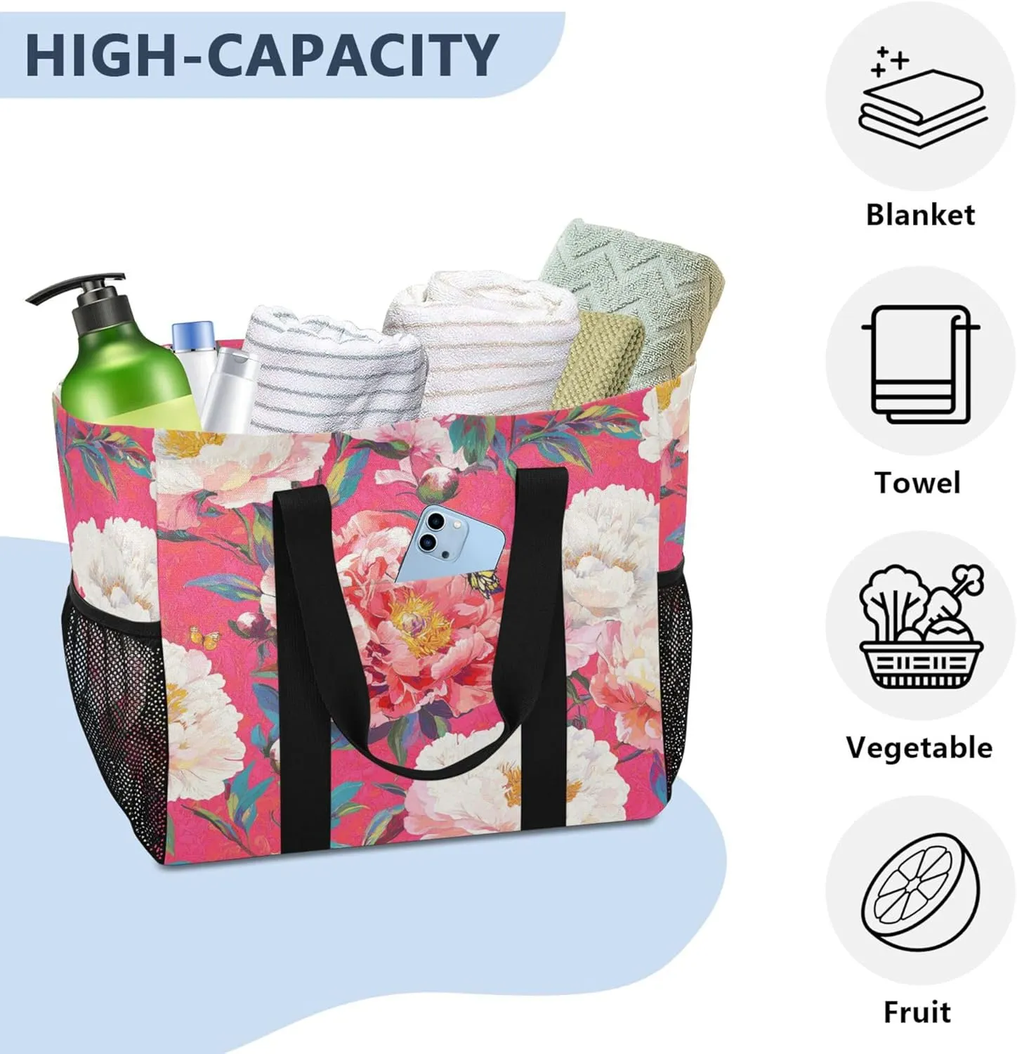 KLL Beach Totes Bags Canvas Collapsable With Pockets Laundry Bag Travel