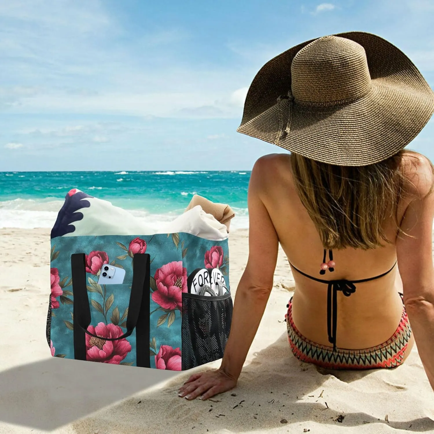 KLL Beach Totes Bags Canvas Collapsable With Pockets Laundry Bag Travel
