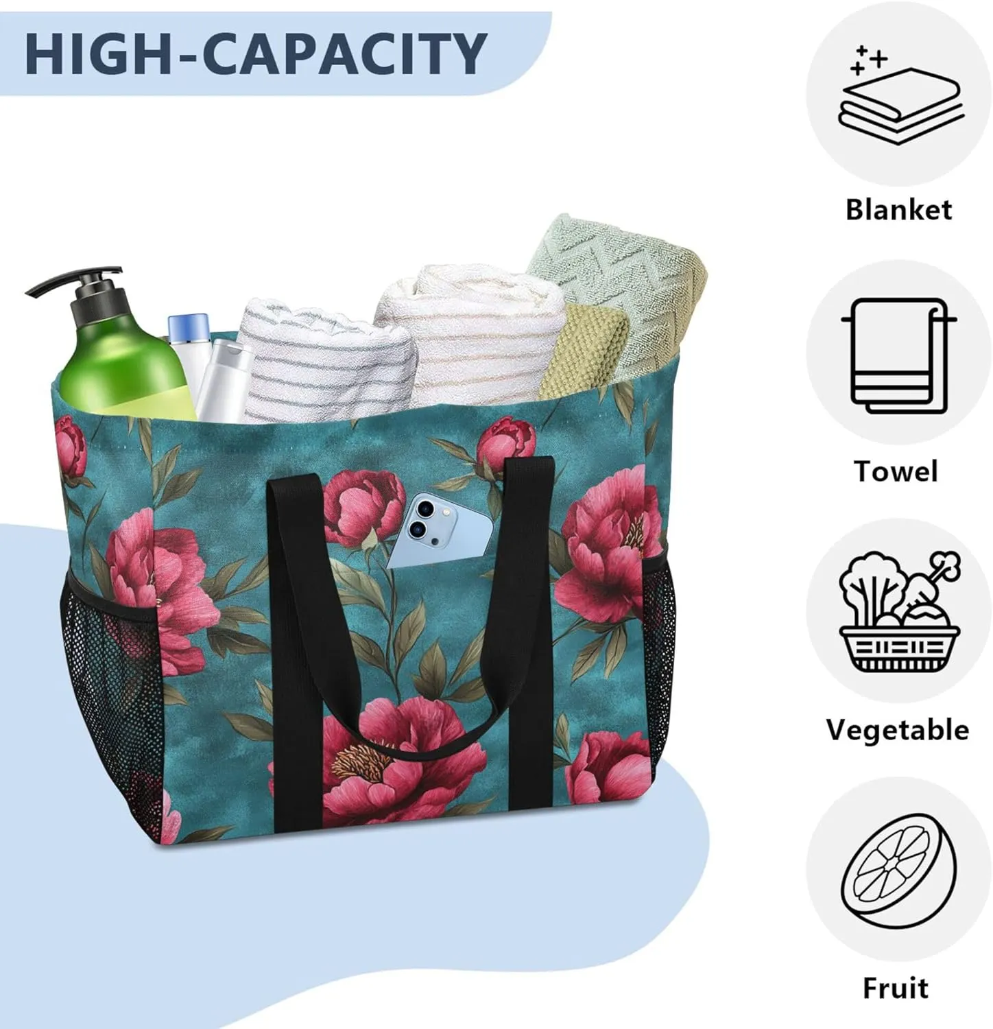KLL Beach Totes Bags Canvas Collapsable With Pockets Laundry Bag Travel