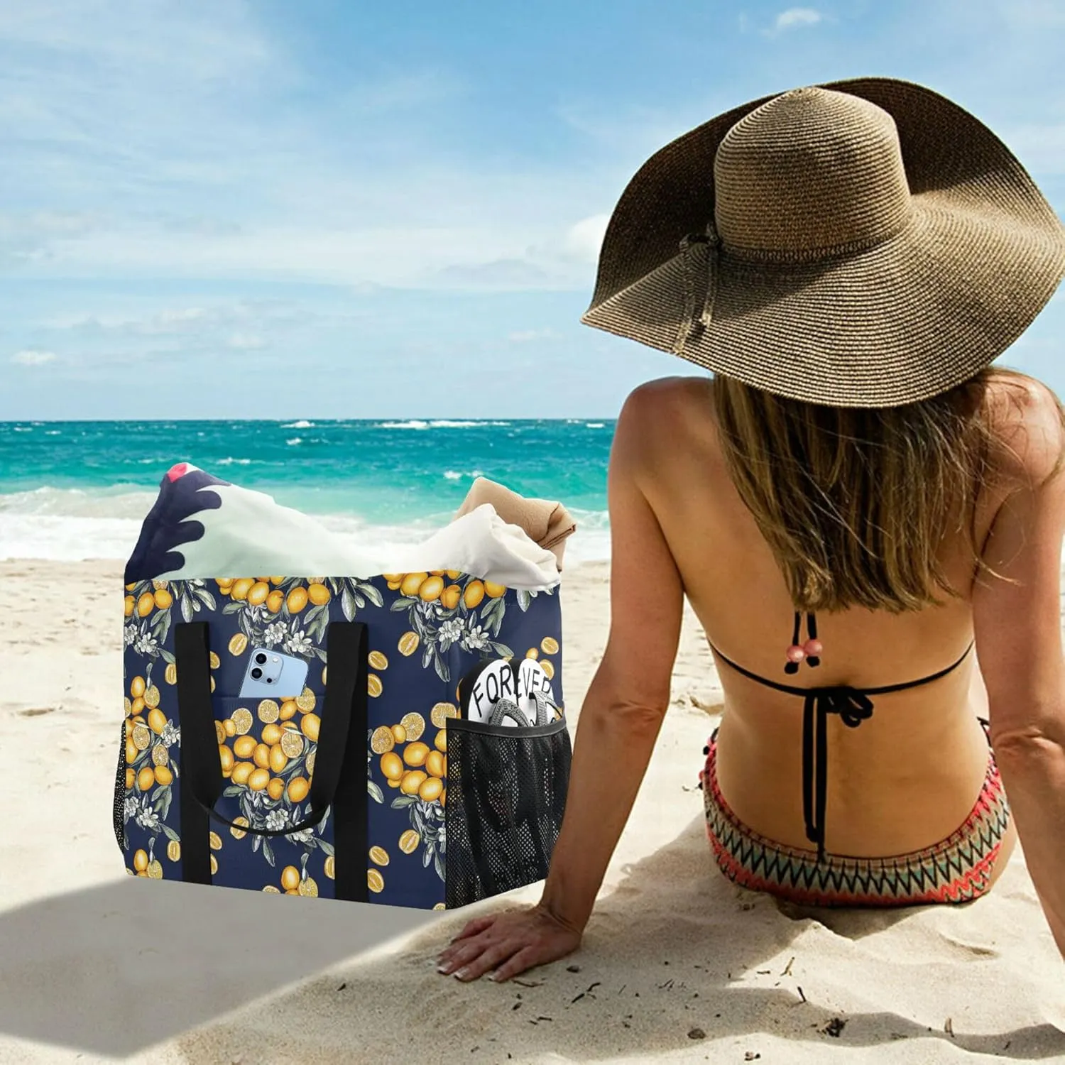 KLL Beach Totes Bags with Handles Collapsable With Pockets Grocery Bags Reusable