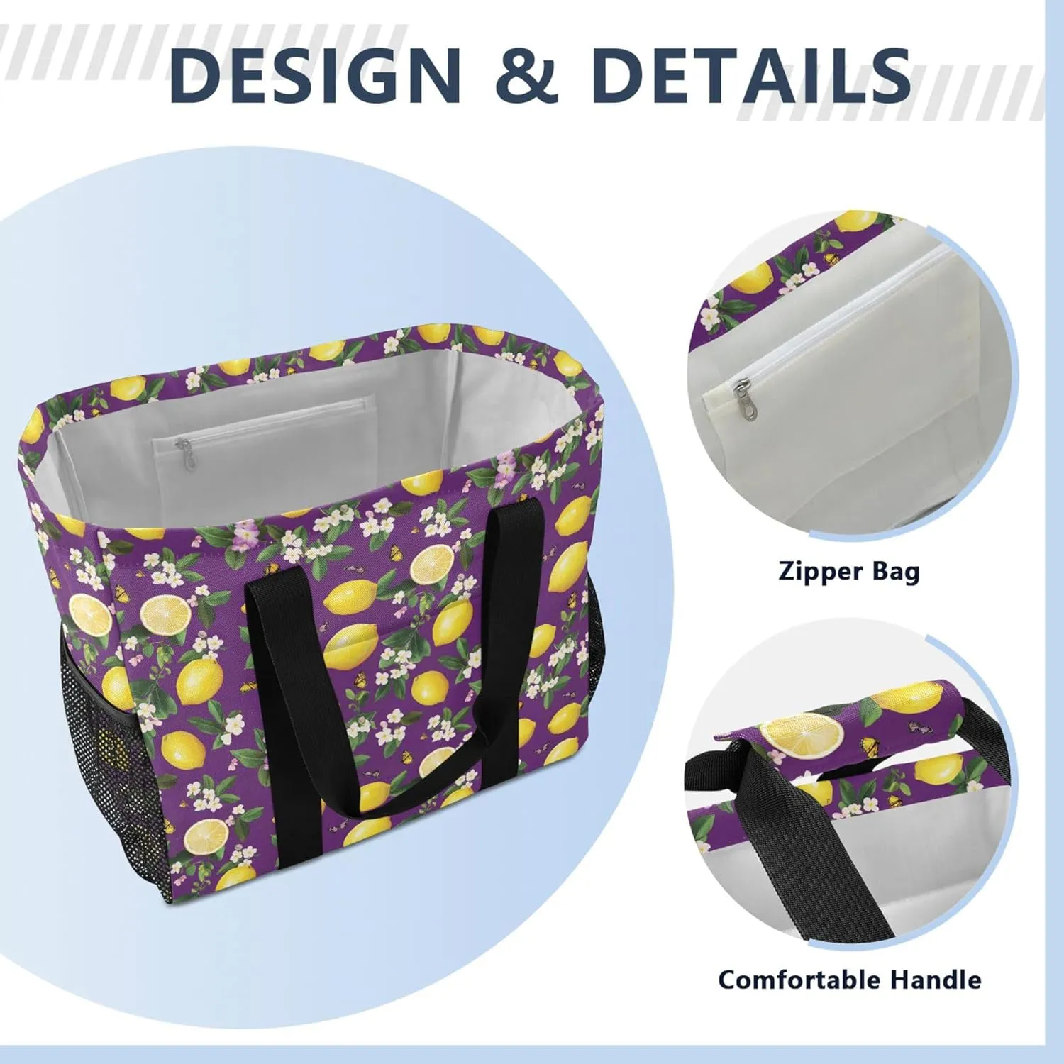 KLL Beach Totes Bags with Handles Collapsable With Pockets Grocery Bags Reusable