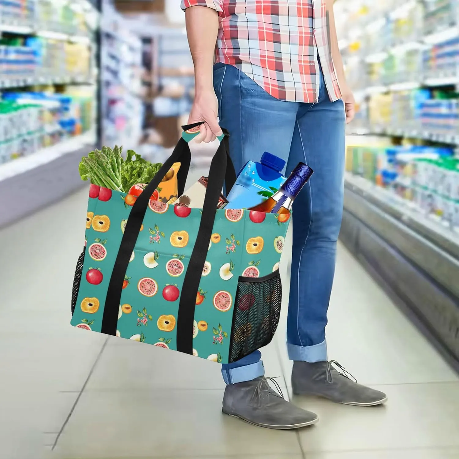 KLL Beach Totes Bags with Handles Collapsable With Pockets Grocery Bags Reusable