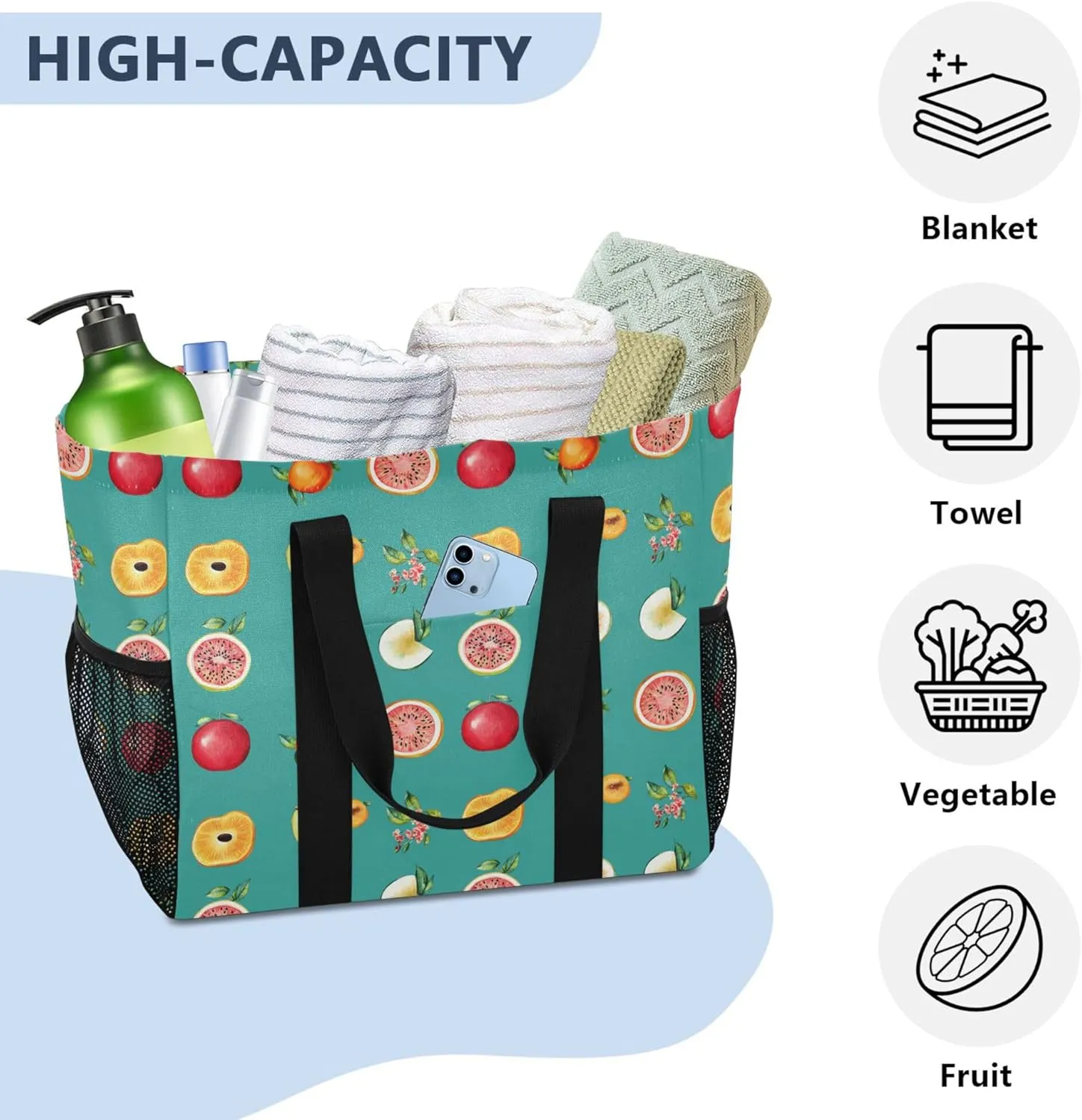 KLL Beach Totes Bags with Handles Collapsable With Pockets Grocery Bags Reusable