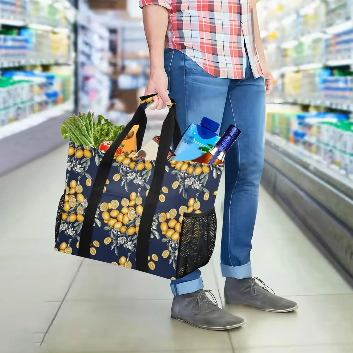 KLL Beach Totes Bags with Handles Collapsable With Pockets Grocery Bags Reusable