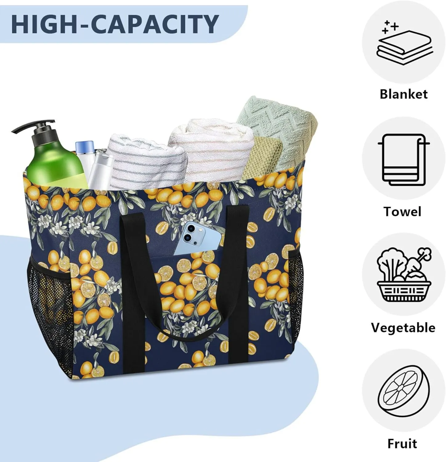 KLL Beach Totes Bags with Handles Collapsable With Pockets Grocery Bags Reusable