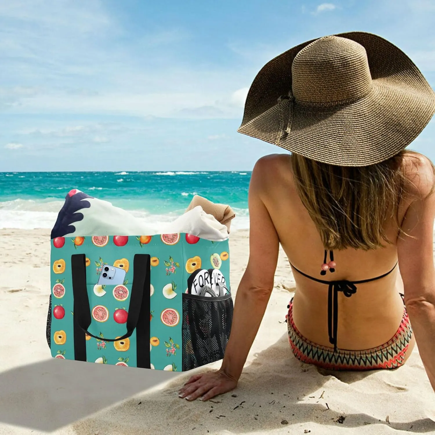 KLL Beach Totes Bags with Handles Collapsable With Pockets Grocery Bags Reusable