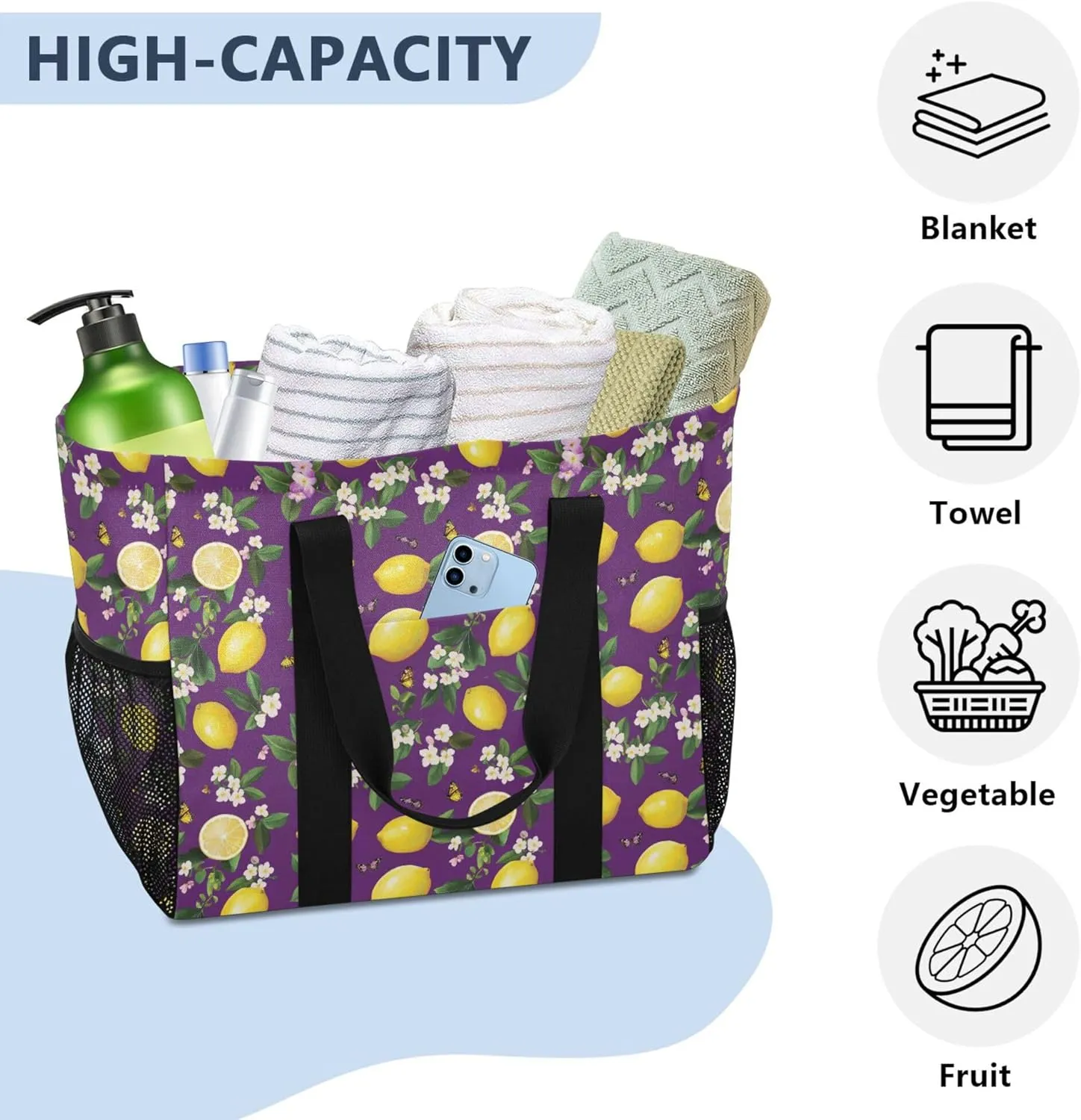 KLL Beach Totes Bags with Handles Collapsable With Pockets Grocery Bags Reusable