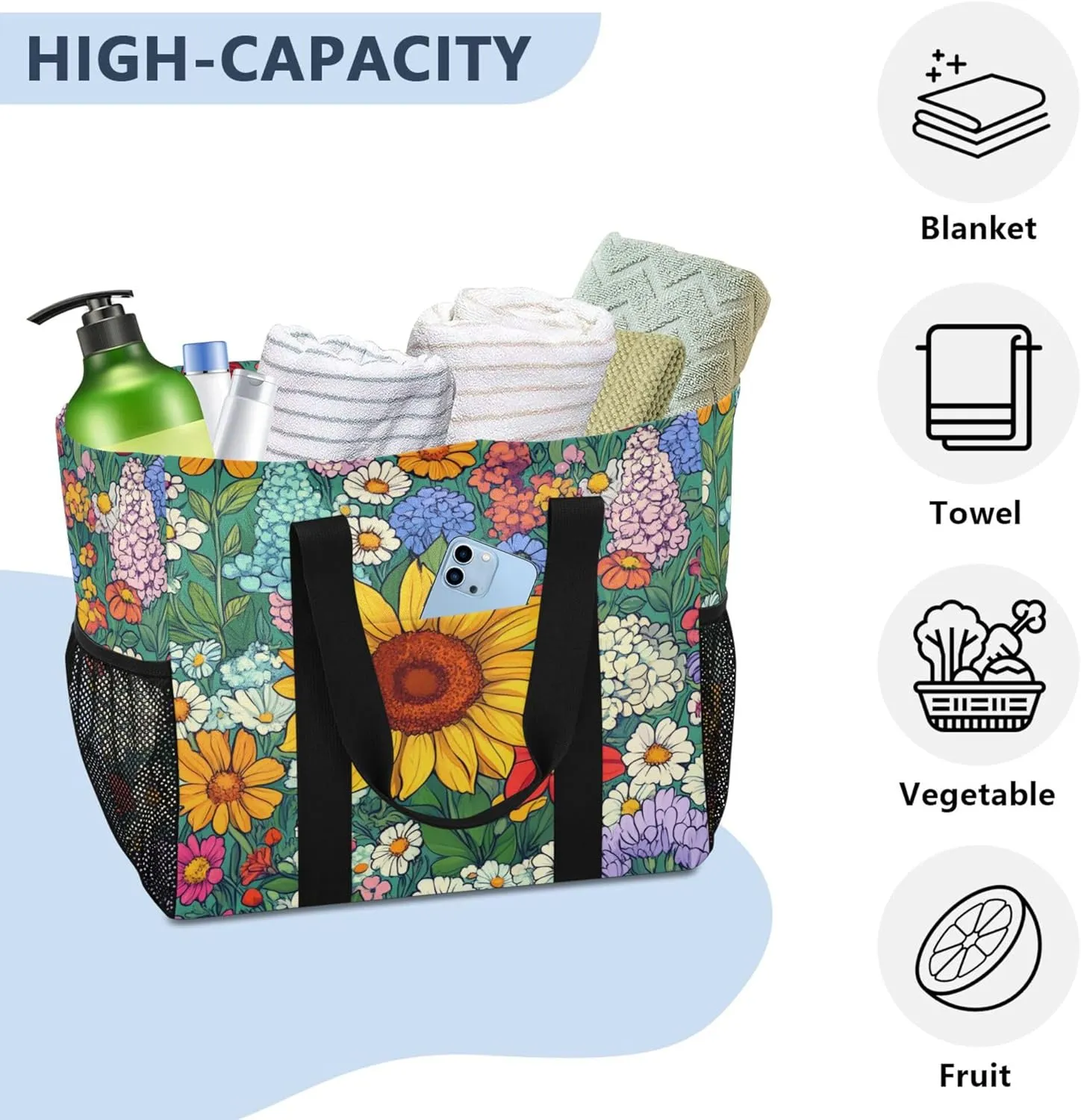 KLL Beach Totes Bags with Handles Foldable Sandproof Laundry Tote