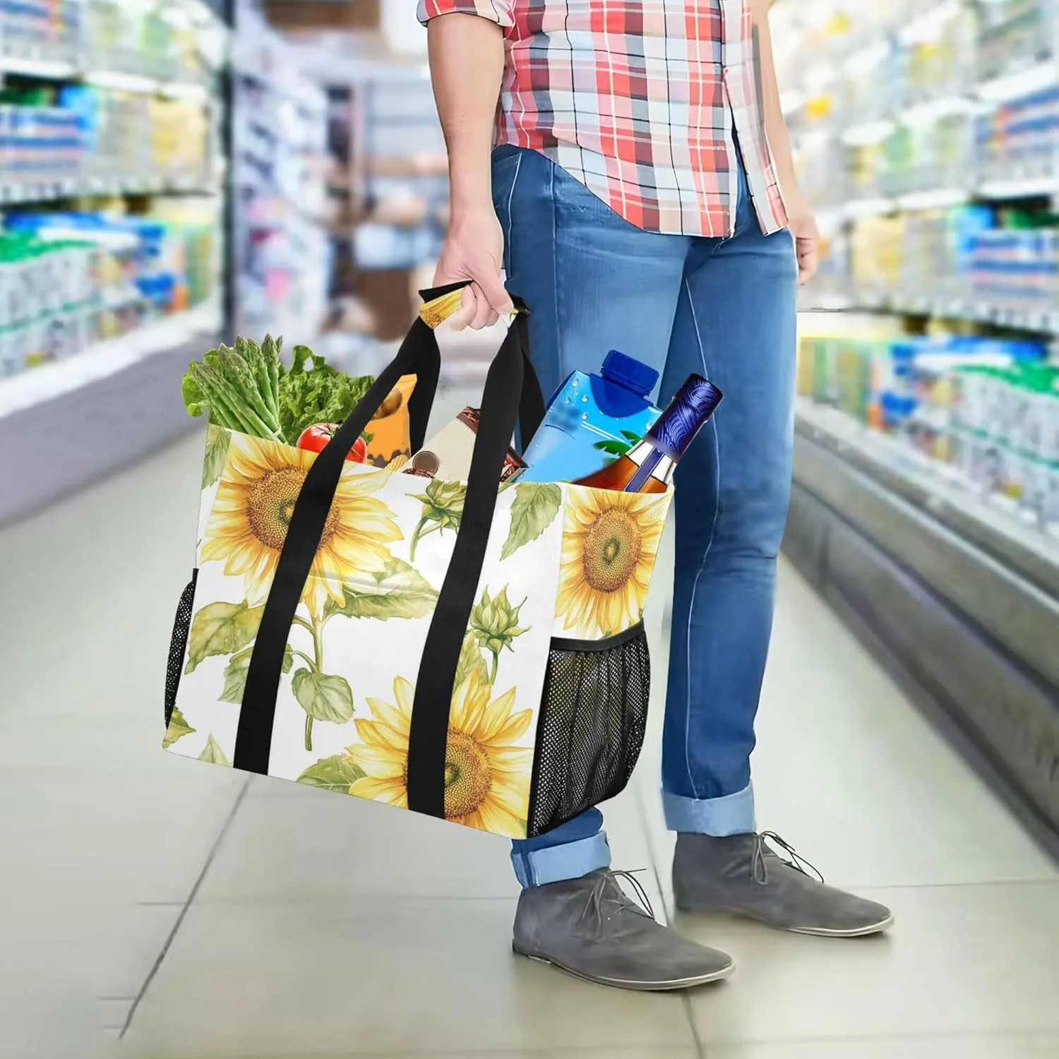 KLL Utility Totes Canvas Foldable With Compartments Resuable Grocery Bags