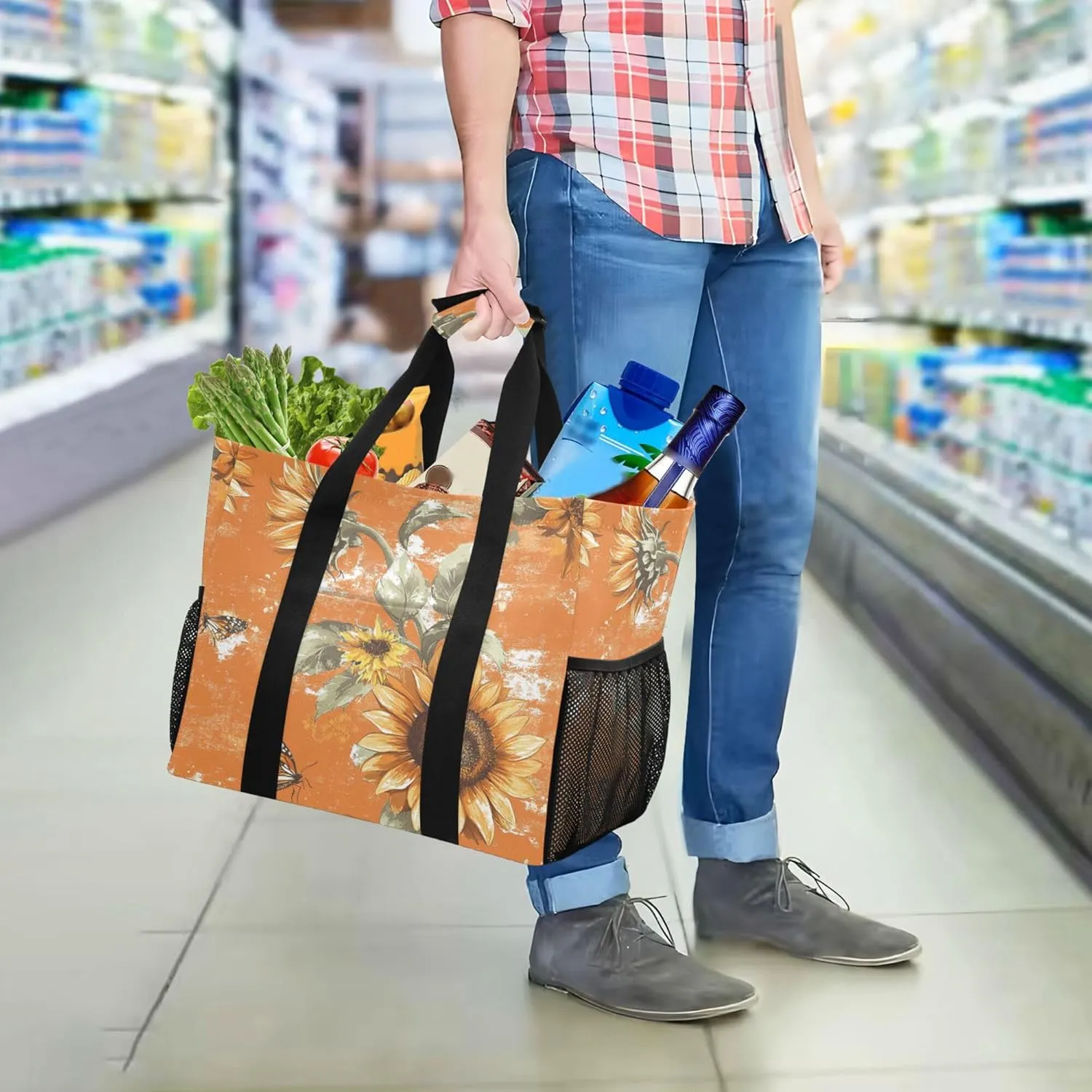 KLL Utility Totes Canvas Foldable With Compartments Resuable Grocery Bags