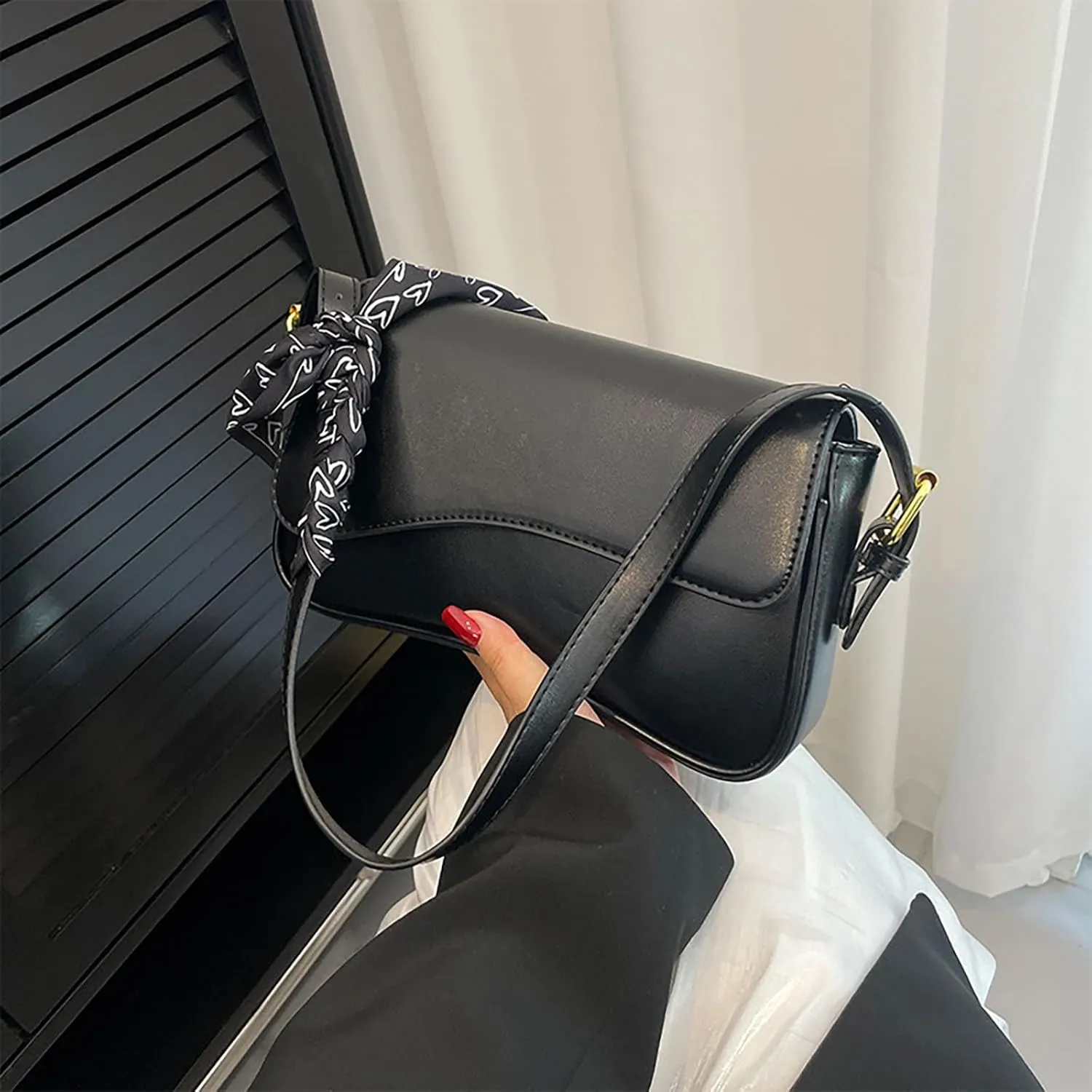 Leather Shoulder Bag, Faux Pu Leather Tote Bags Elegant Classic Handbags Purse Clutch Saddle Bag with 2 Dajustable Strap