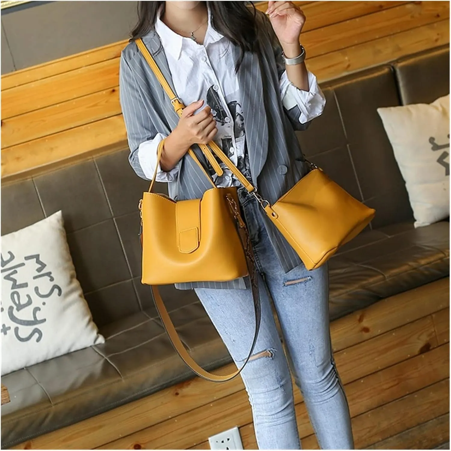 Leather Shoulder Bags For Woman Messenger Bags Wide Strap Women Bucket Bag Handbags