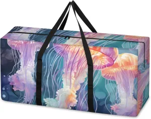 Magical Jellyfish Extra Large Moving Bags Heavy Duty Storage Bags Glowing Jellyfish Cloth Wrap Around Handles Double Zipper Reusable Convenient Foldable Storage Tote for Travel Camping Space Save