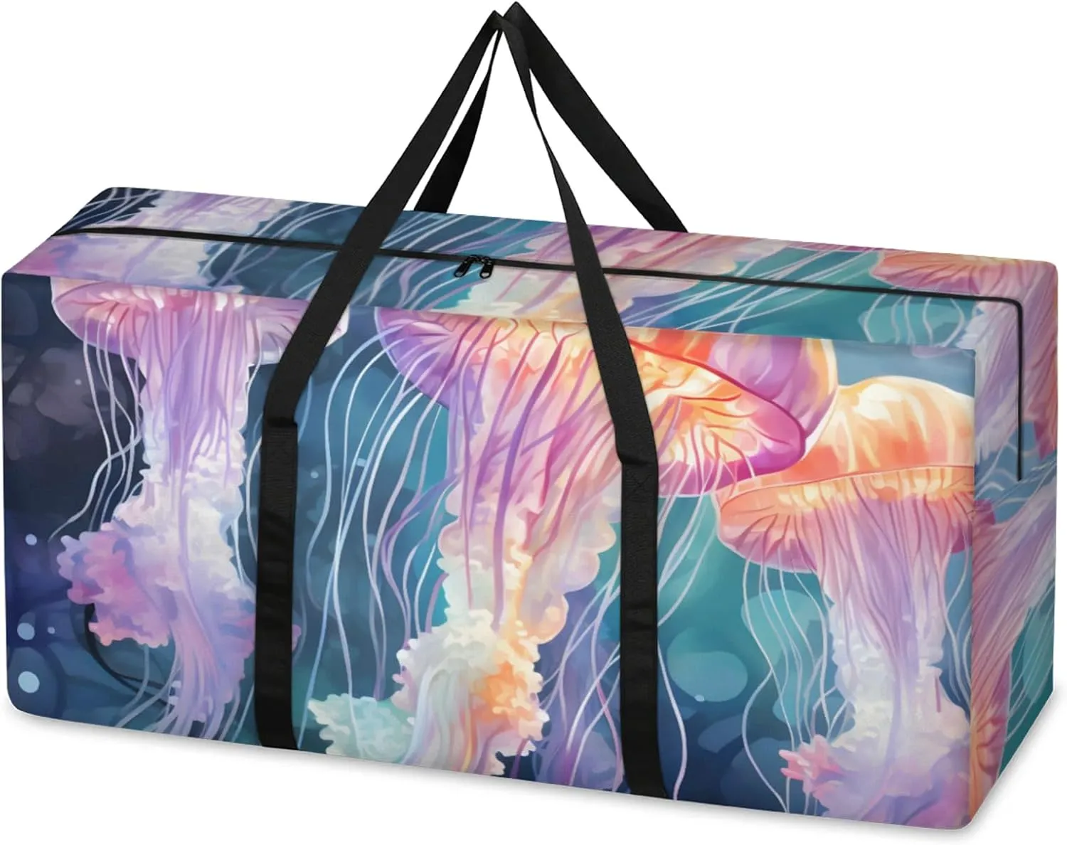 Magical Jellyfish Extra Large Moving Bags Heavy Duty Storage Bags Glowing Jellyfish Cloth Wrap Around Handles Double Zipper Reusable Convenient Foldable Storage Tote for Travel Camping Space Save