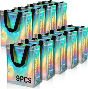 MAQIHAN 9 PCS Iridescent Gift Bags - Non-Woven Reusable Gift Bags with Handles Party Favor Handbag Stylish Holographic Goodie for Birthday Party,Bachelorette,Bridesmaids,Christmas(7.9" Lx3.9 Wx9.8 H)
