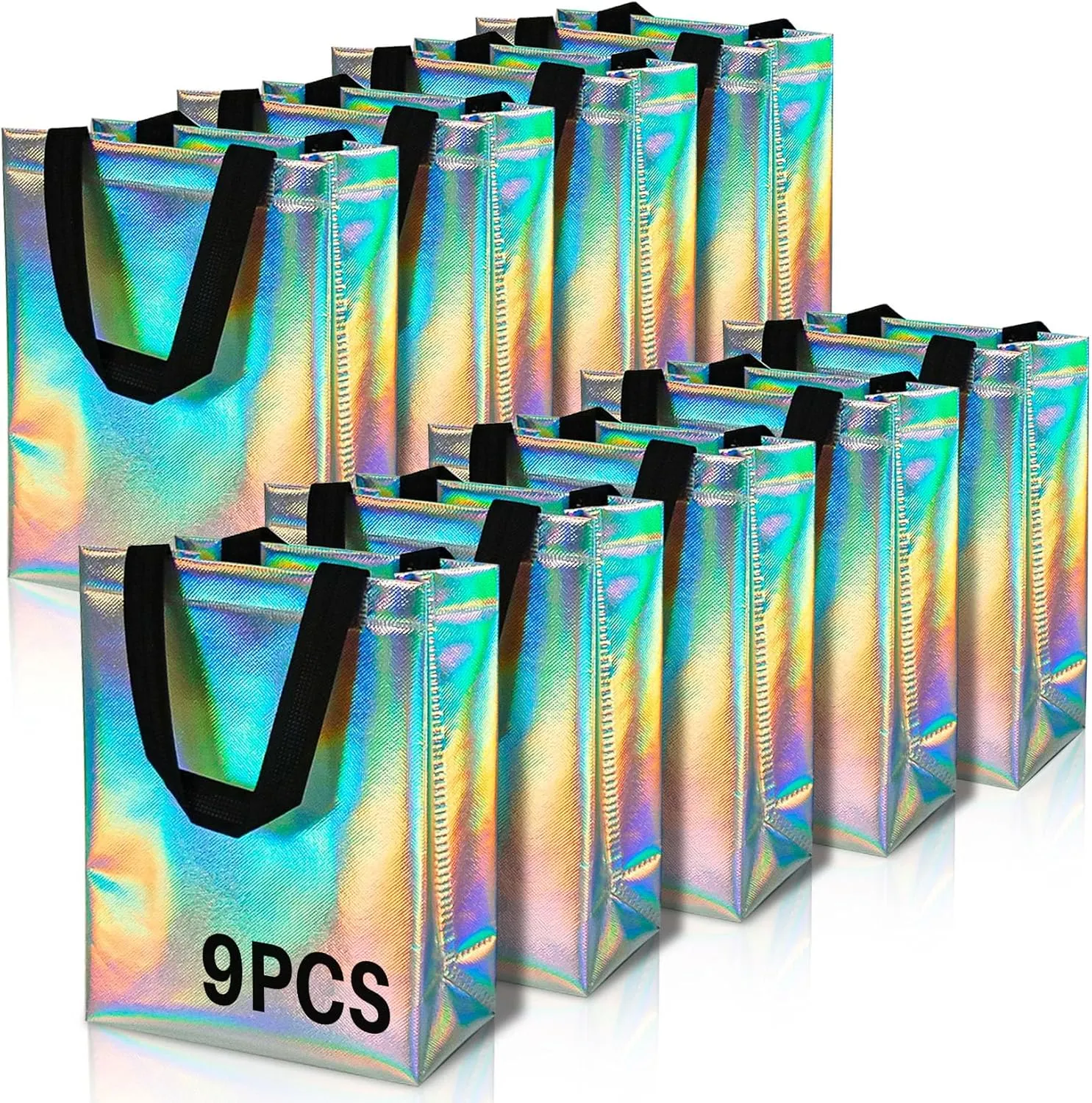 MAQIHAN 9 PCS Iridescent Gift Bags - Non-Woven Reusable Gift Bags with Handles Party Favor Handbag Stylish Holographic Goodie for Birthday Party,Bachelorette,Bridesmaids,Christmas(7.9" Lx3.9 Wx9.8 H)