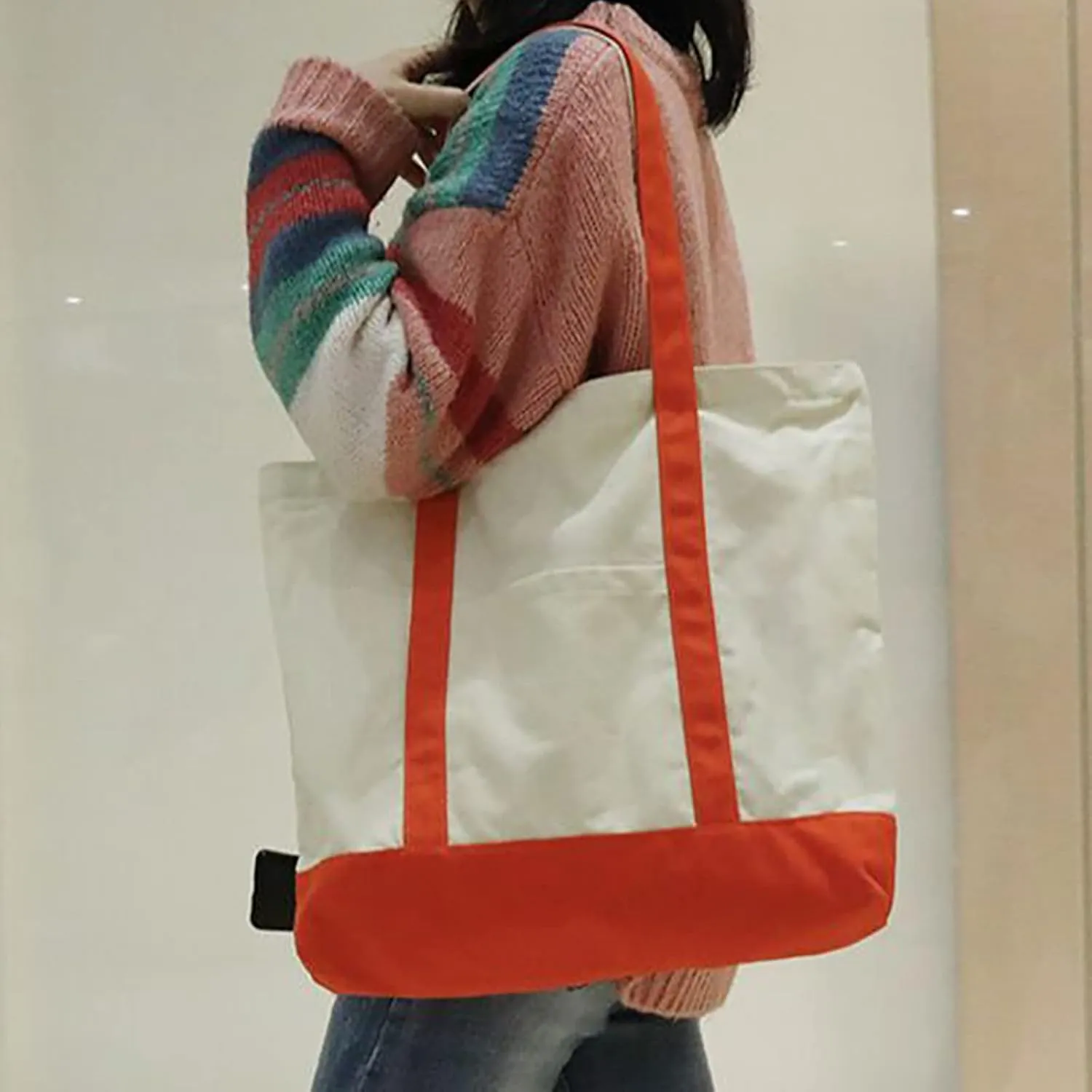 Medium Supermarket Bags Large Capacity Zipper Portable Canvas Bag Shoulder Bag Men (Red, One Size)