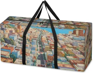 Modern City Extra Large Moving Bags Heavy Duty Storage Bags Colorful City Cloth Wrap Around Handles Double Zipper Reusable Convenient Foldable Storage Tote for Travel Camping Space Save