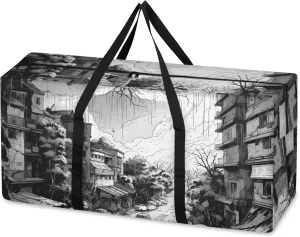 Modern City Extra Large Moving Bags Heavy Duty Storage Bags Graffiti City Cloth Wrap Around Handles Double Zipper Reusable Convenient Foldable Storage Tote for Travel Camping Space Save