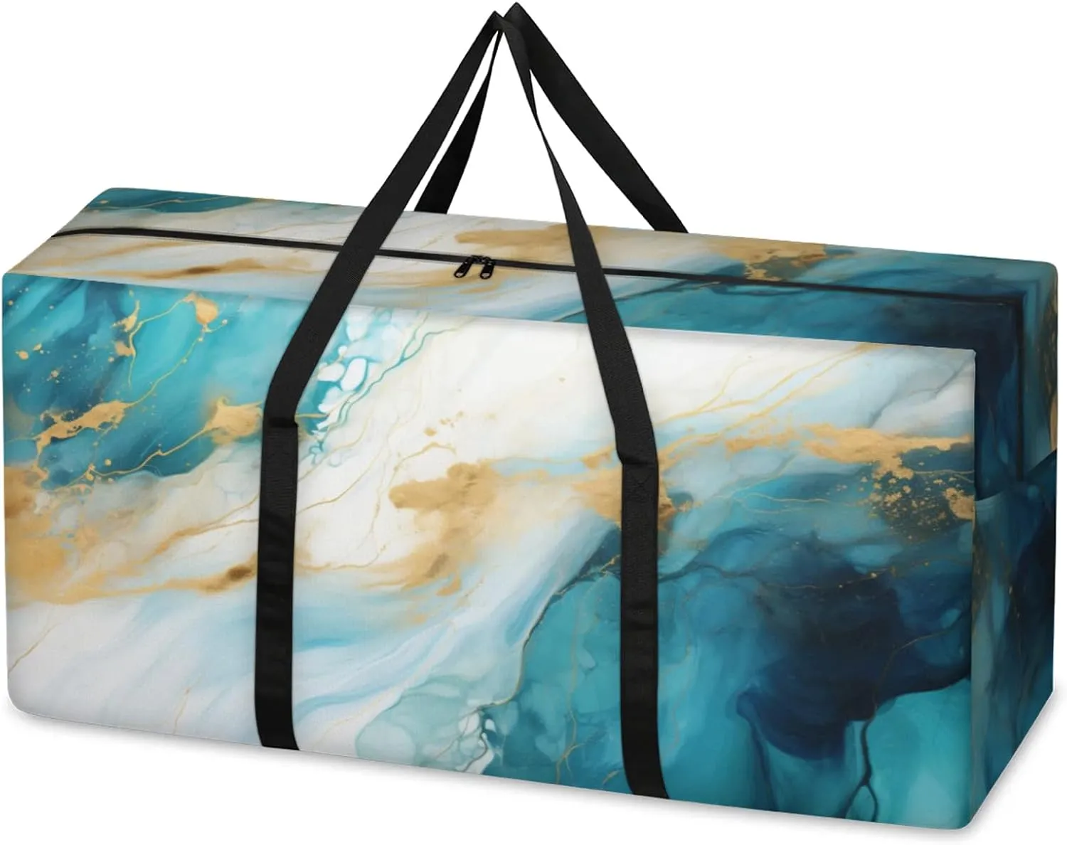 Modern Marble Extra Large Moving Bags Heavy Duty Storage Bags Indigo Blue Marble Cloth Wrap Around Handles Double Zipper Reusable Convenient Foldable Storage Tote for Travel Camping Space Save