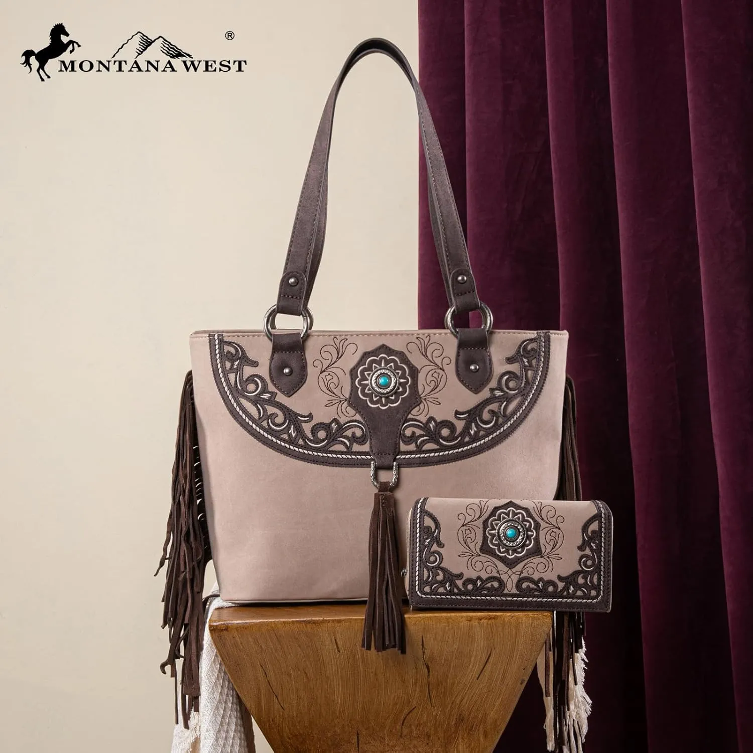 Montana West Aztec Tote Bag for Women Embroidered Western Shoulder Purse and Wallet Set