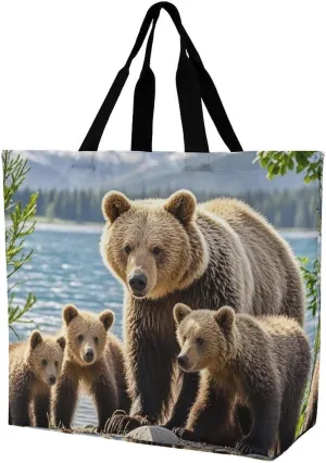 Mother Bear And Cubs Beach Bag Reusable Tote Bag Foldable Grocery Bags Women Shopping Bags for Daily Essentials