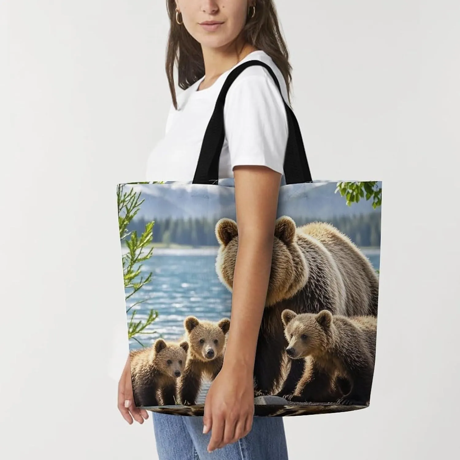 Mother Bear And Cubs Beach Bag Reusable Tote Bag Foldable Grocery Bags Women Shopping Bags for Daily Essentials