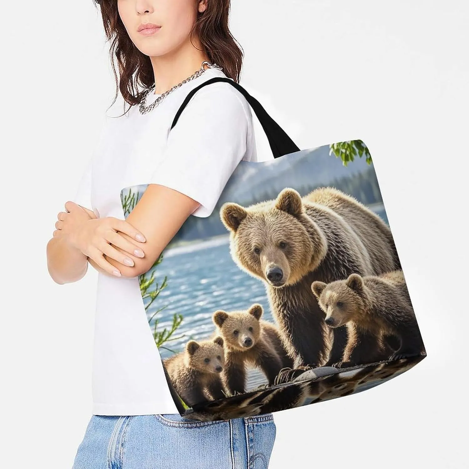 Mother Bear And Cubs Beach Bag Reusable Tote Bag Foldable Grocery Bags Women Shopping Bags for Daily Essentials
