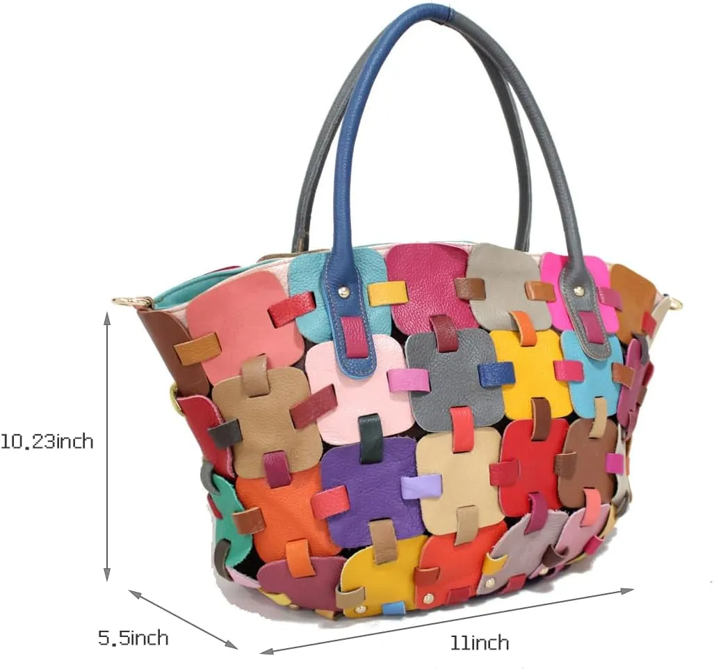 Multicolor Hobo Shoulder Genuine Leather Random Colorful Square Splicing Handbag Large Tote Satchels Crossbody