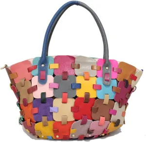 Multicolor Hobo Shoulder Genuine Leather Random Colorful Square Splicing Handbag Large Tote Satchels Crossbody