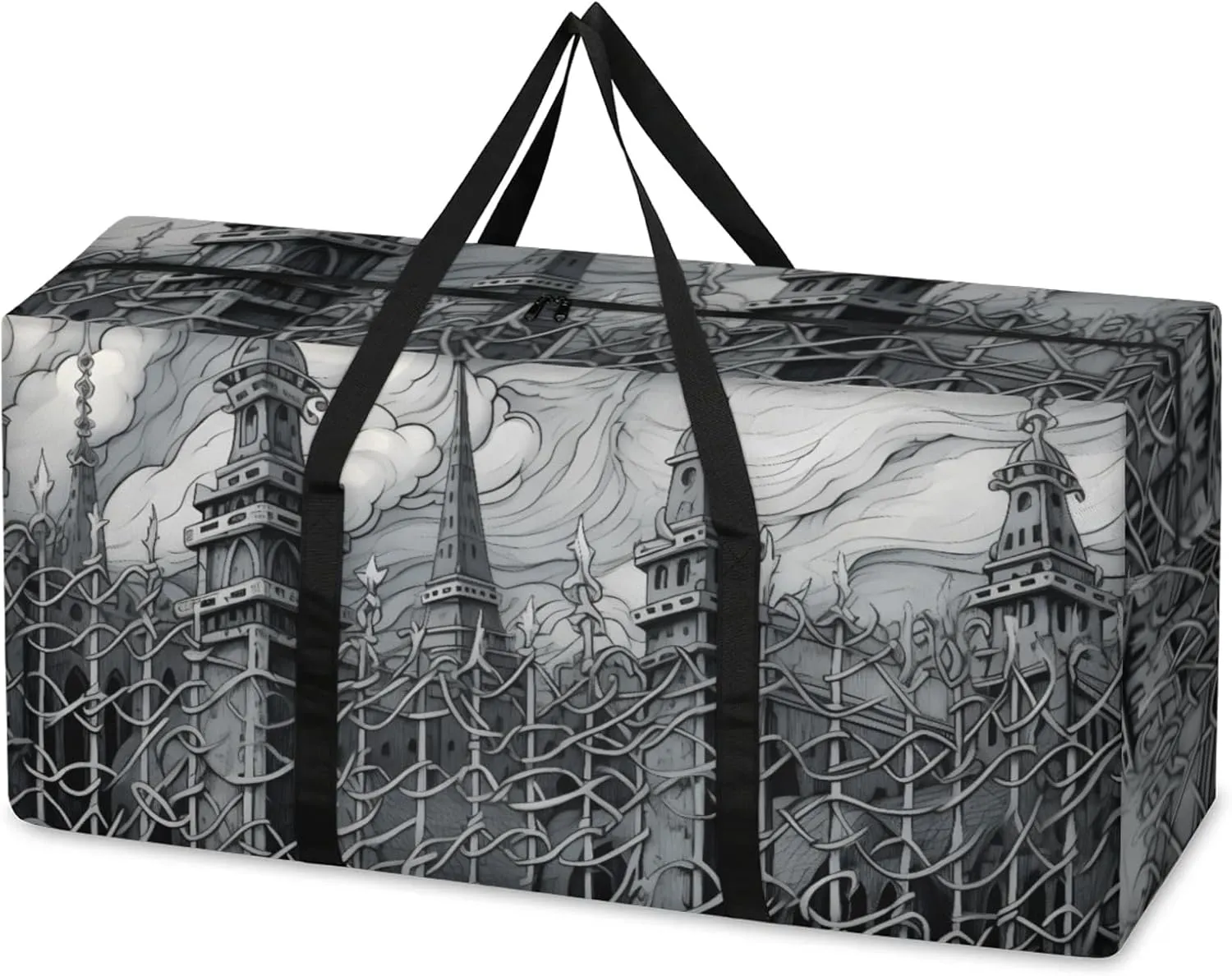 Mystical City Extra Large Moving Bags Heavy Duty Storage Bags Watercolor City Cloth Wrap Around Handles Double Zipper Reusable Convenient Foldable Storage Tote for Travel Camping Space Save