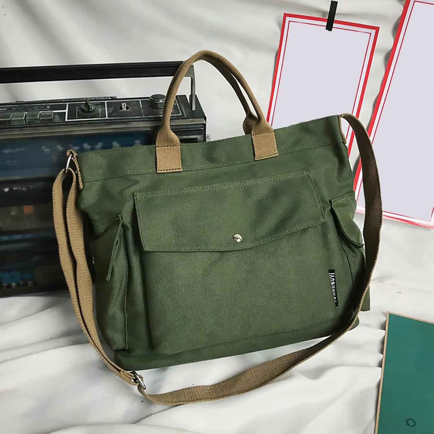 New Canvas Solid Color Simple Fashion One Shoulder Messenger Bag Clear Shoulder Bag (Green, One Size)