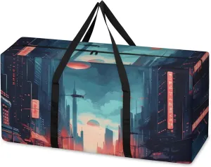 Night City Extra Large Moving Bags Heavy Duty Storage Bags Artistic City Cloth Wrap Around Handles Double Zipper Reusable Convenient Foldable Storage Tote for Travel Camping Space Save