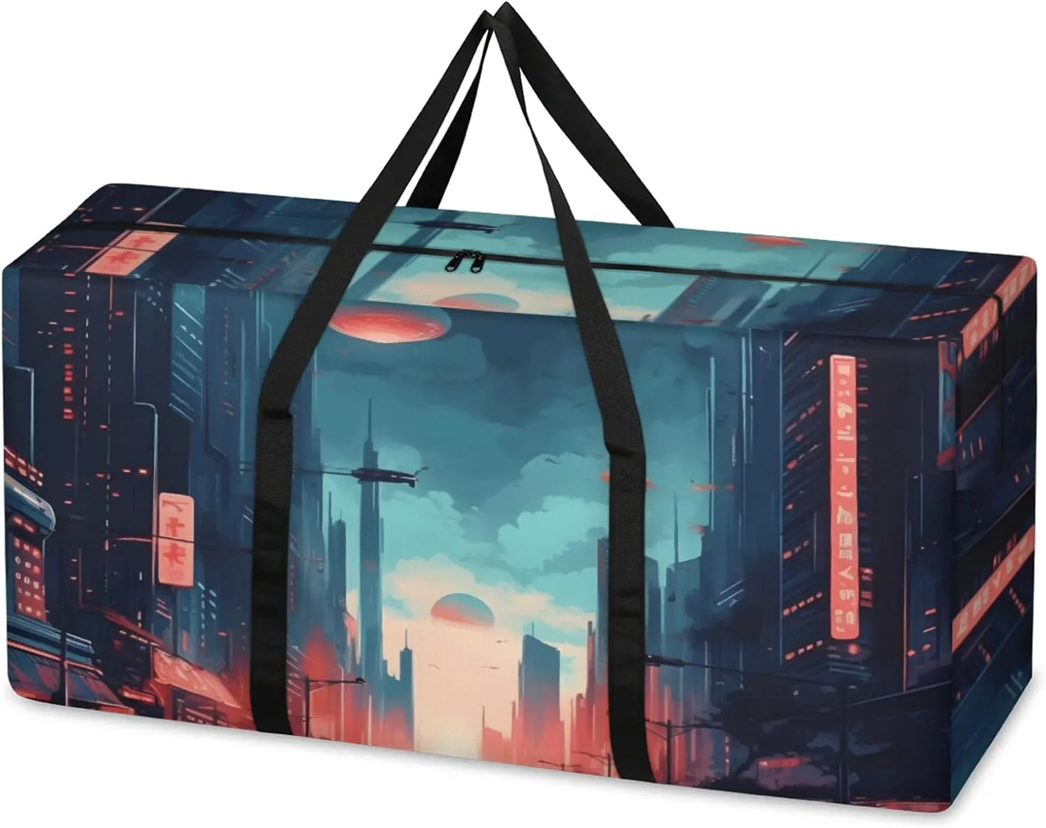 Night City Extra Large Moving Bags Heavy Duty Storage Bags Artistic City Cloth Wrap Around Handles Double Zipper Reusable Convenient Foldable Storage Tote for Travel Camping Space Save