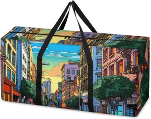 Oil Painting City Extra Large Moving Bags Heavy Duty Storage Bags Abstract City Cloth Wrap Around Handles Double Zipper Reusable Convenient Foldable Storage Tote for Travel Camping Space Save