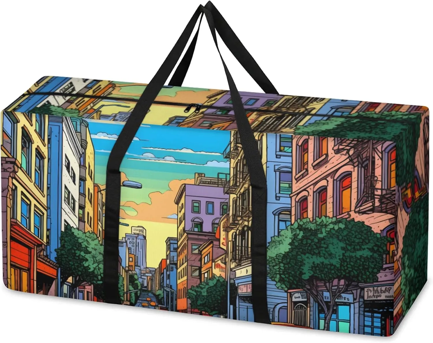 Oil Painting City Extra Large Moving Bags Heavy Duty Storage Bags Abstract City Cloth Wrap Around Handles Double Zipper Reusable Convenient Foldable Storage Tote for Travel Camping Space Save